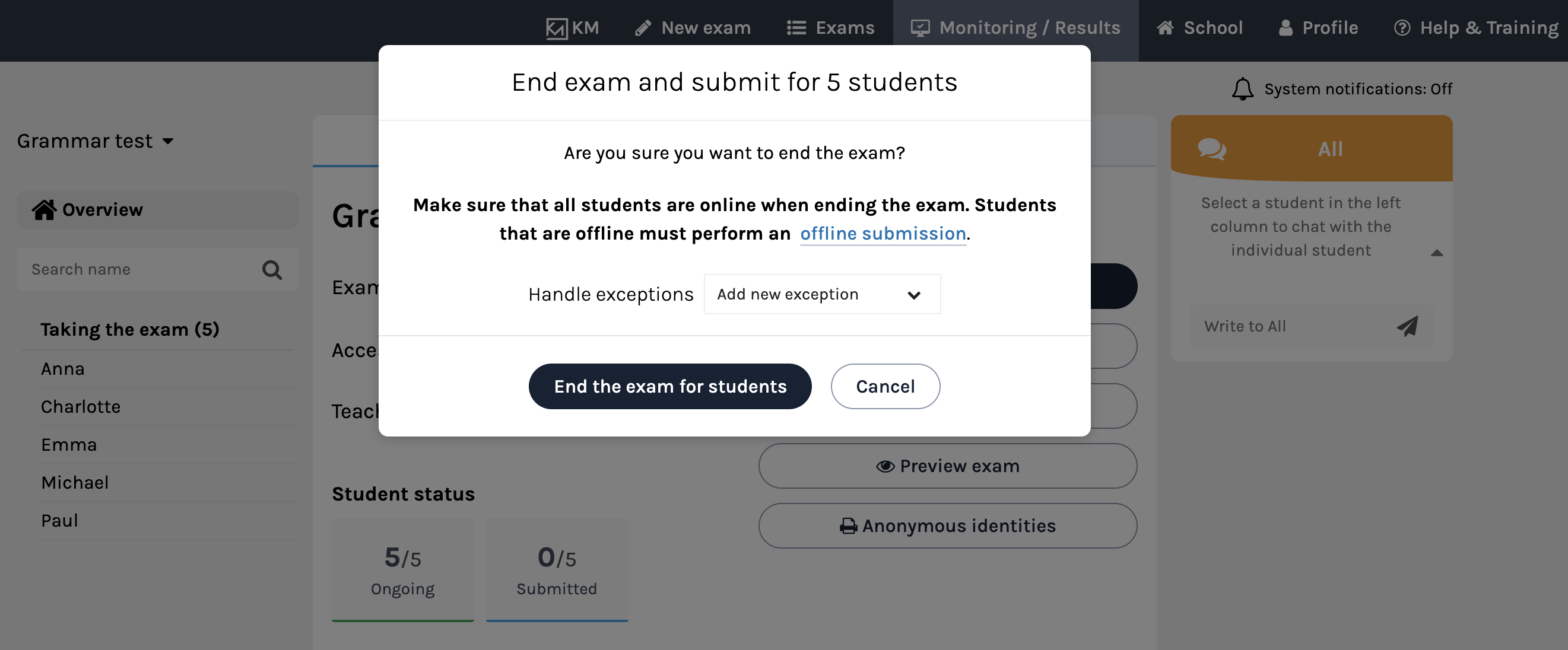 Ending an exam for students