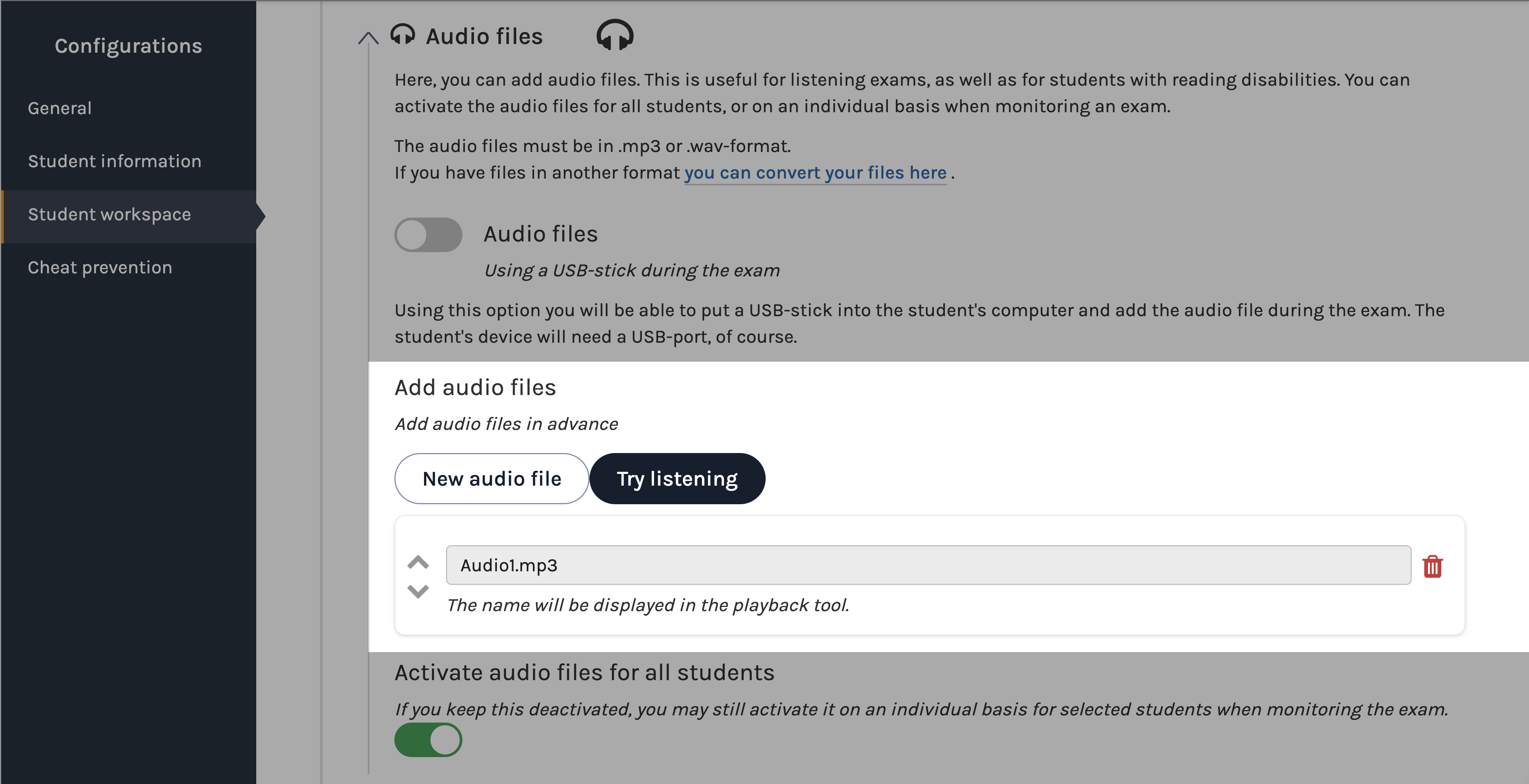 Audio files in an exam