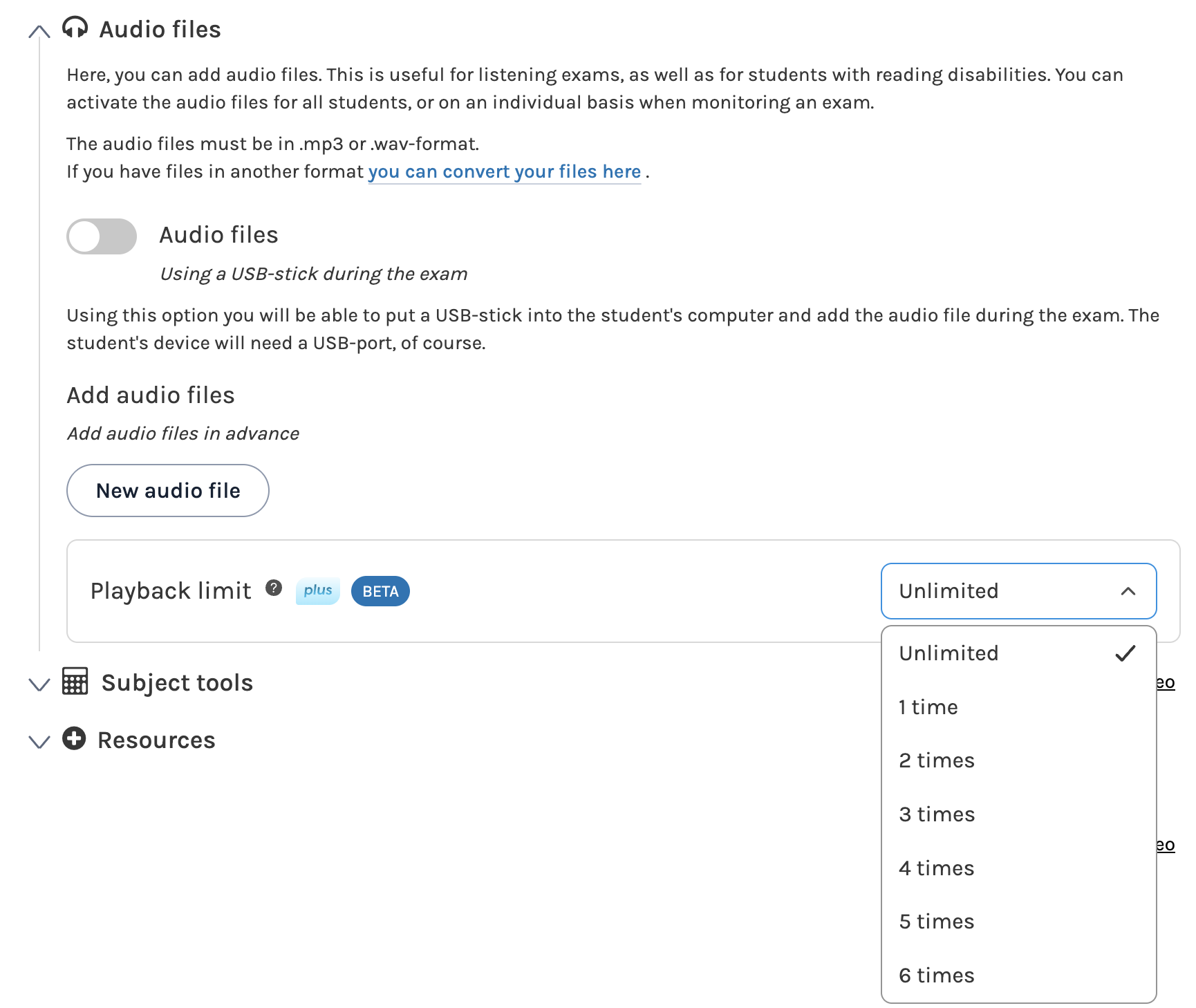 Audio files in an exam